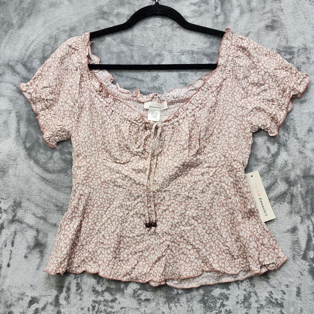 NEW Urban Romantics Top Womens L Pink Leopard Print Milkmaid Babydoll Tie Front